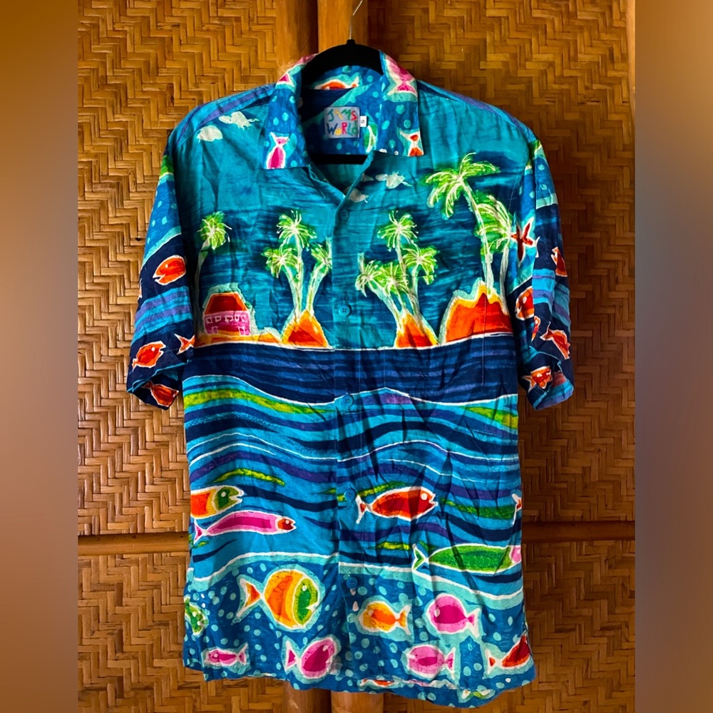 Jams World fish island tropical Hawaiian blue aloha shirt Small